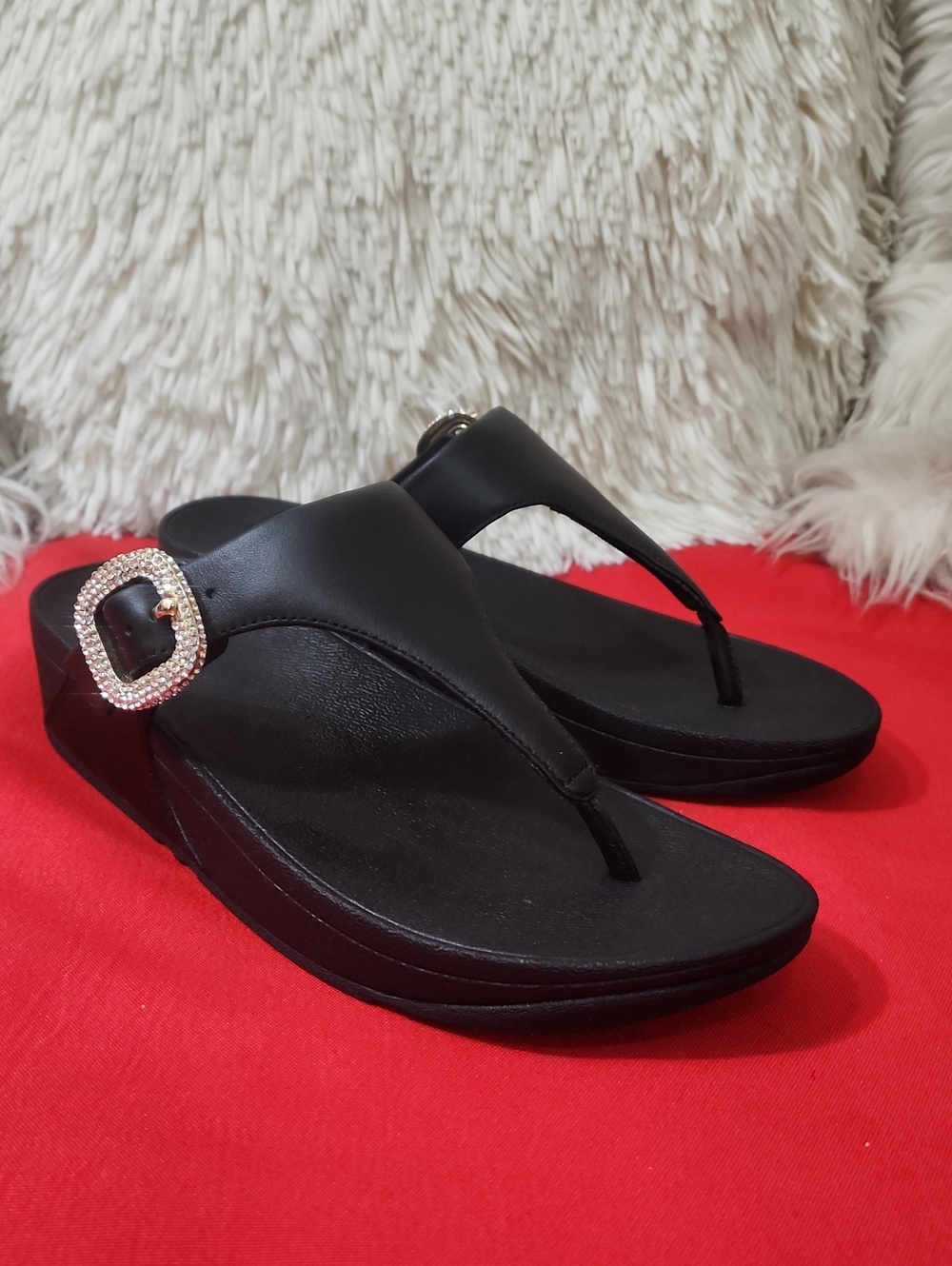 FitFlop Lulu Black Wedge Thong Sandals with Rhinestone Buckle